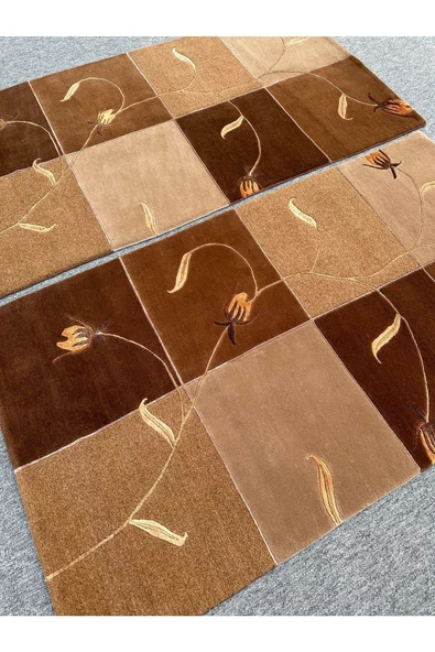 El Dokuma Çift Nepal Halı Yün Ve Ipek Krem Kahve Takım Halı ! - 2