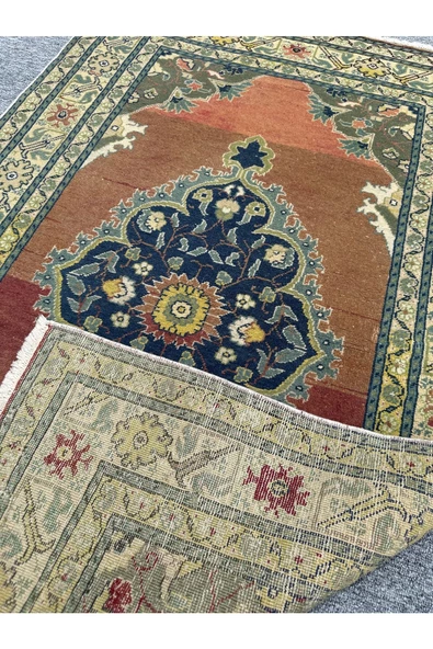 El Dokuma Eskitme Bünyan Halısı 94x158 Yeşil Kiremit Vintage Halı - Resim 8