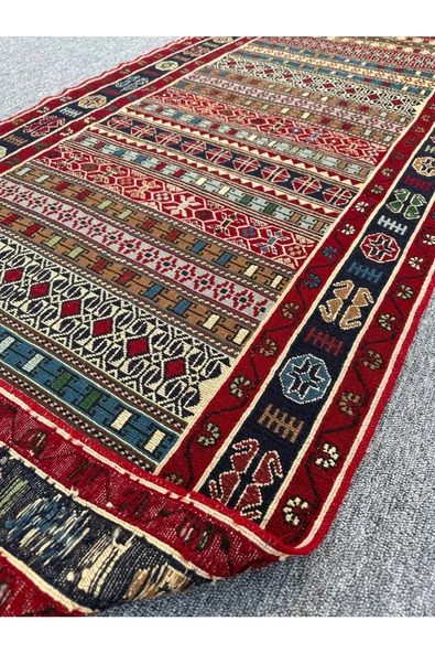 El Dokuma Iran Kilim 85x200 Sumak Kırmızı Rah Rah Kilim ! - Resim 4