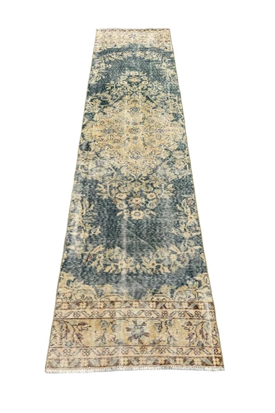 El Dokuma Su Yeşili Vintage Yolluk 80x315 Eskitme 3 Metre Halı