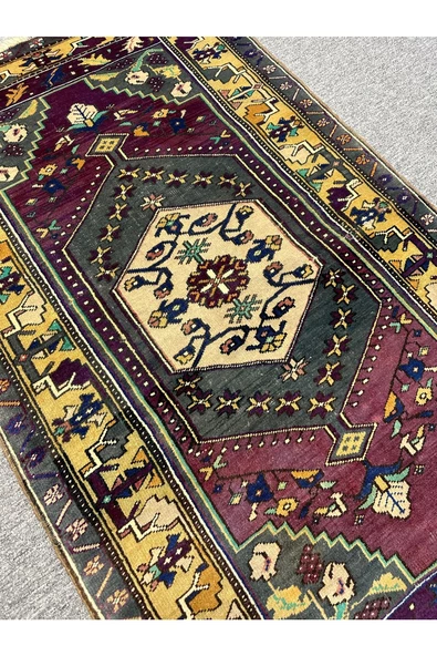 EL DOKUMA ESKİTME YAHYALI HALISI 97X164 MOR SARI VİNTAGE HALI ! - 2