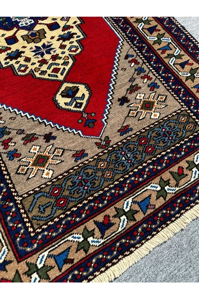 EL DOKUMA OBRUK HALISI 94X160 GRİ KIRMIZI KREM KÖK BOYA YÜN HALI - Resim 2