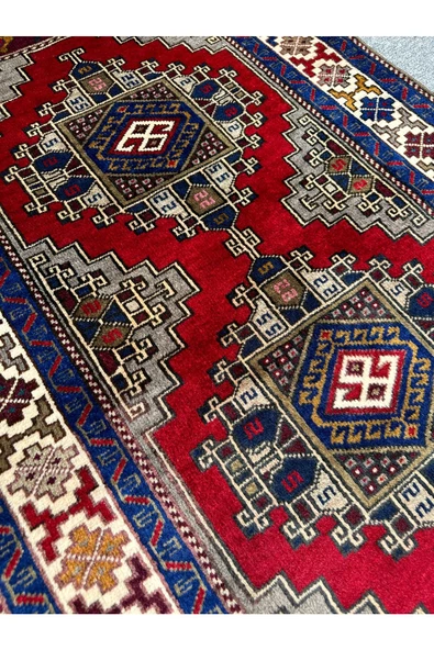 EL DOKUMA SIFIR OBRUK HALISI 95X165 KIRMIZI GRİ MAVİ KÖK BOYA HALI - 4