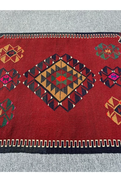 El Dokuma Balıkesir Kilimi 80x140 Kök Boya %100 Yün Kırmızı Kilim ! - 3