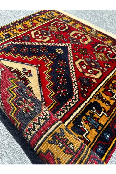 EL DOKUMA YAHYALI HALISI 70X115 KIRMIZI SARI KÖK BOYA %100 YÜN HALI - Resim 7