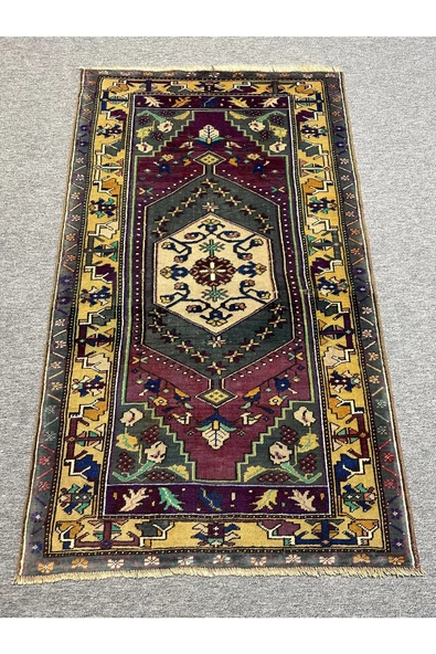 EL DOKUMA ESKİTME YAHYALI HALISI 97X164 MOR SARI VİNTAGE HALI !