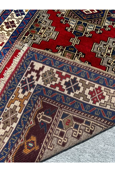 EL DOKUMA SIFIR OBRUK HALISI 95X165 KIRMIZI GRİ MAVİ KÖK BOYA HALI - 5