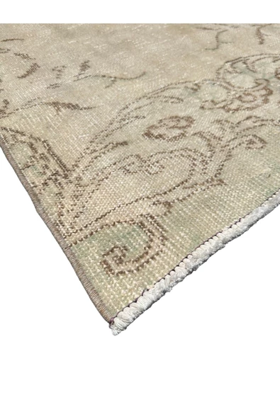Vintage Beyaz Yeşil Yolluk 75x260 Eskitme %100 Yün Halı - 2