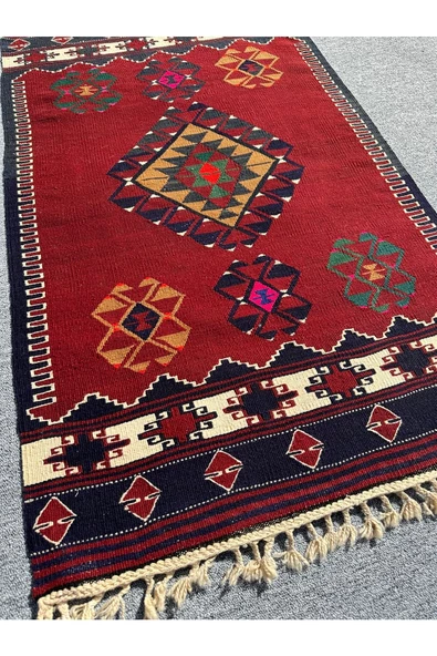 El Dokuma Balıkesir Kilimi 80x140 Kök Boya %100 Yün Kırmızı Kilim ! - 2
