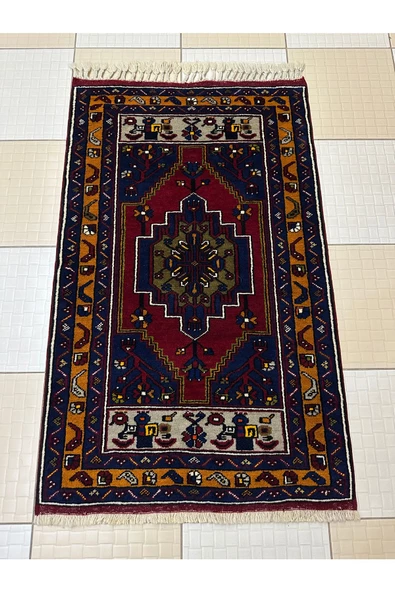 El Dokuma Yahyalı Halısı 73x126 Kırmızı Lacivert Gri %100 Yün Kök Boya Halı !