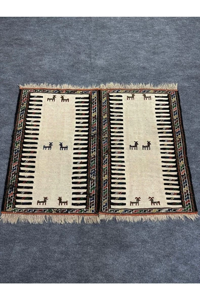 El Dokuma Çift Dekoratif Iran Kilimi 60x90 Küçük Krem %100 Yün Kilim ! ürün görseli
