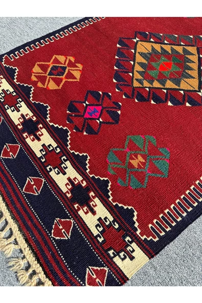 El Dokuma Balıkesir Kilimi 80x140 Kök Boya %100 Yün Kırmızı Kilim ! - 5