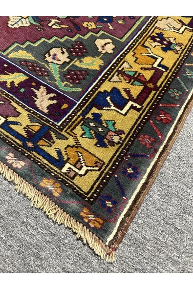 EL DOKUMA ESKİTME YAHYALI HALISI 97X164 MOR SARI VİNTAGE HALI ! - 6