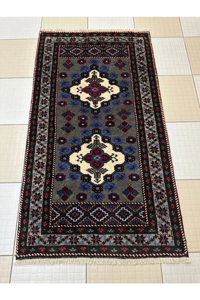 El Dokuma Gri Taşpınar Halısı Seccade 78x140 Kök Boya %100 Yün Namazlık