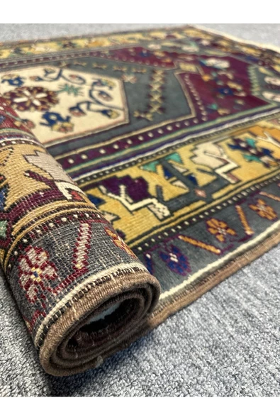 EL DOKUMA ESKİTME YAHYALI HALISI 97X164 MOR SARI VİNTAGE HALI ! - 7