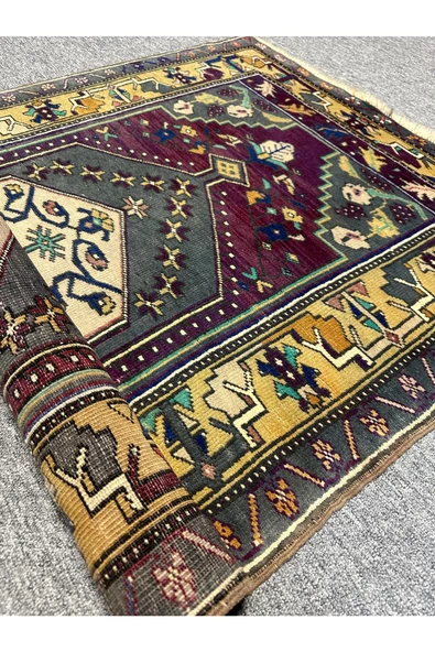 EL DOKUMA ESKİTME YAHYALI HALISI 97X164 MOR SARI VİNTAGE HALI ! - 5