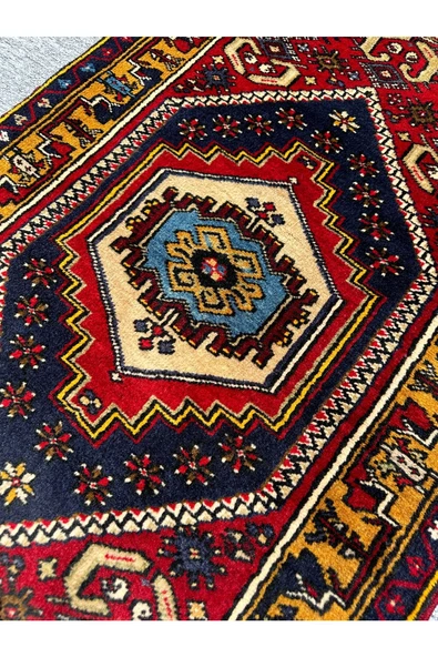 EL DOKUMA YAHYALI HALISI 70X115 KIRMIZI SARI KÖK BOYA %100 YÜN HALI - Resim 4