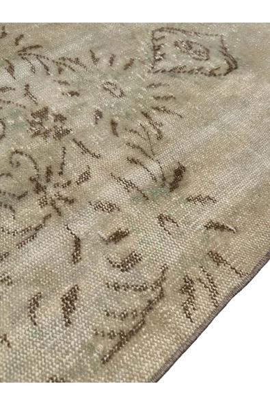 Vintage Beyaz Yeşil Yolluk 75x260 Eskitme %100 Yün Halı - 8
