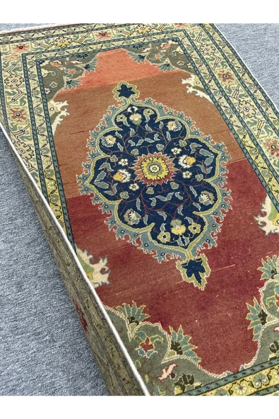 El Dokuma Eskitme Bünyan Halısı 94x158 Yeşil Kiremit Vintage Halı - Resim 5