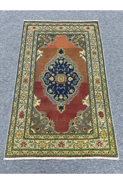 El Dokuma Eskitme Bünyan Halısı 94x158 Yeşil Kiremit Vintage Halı ürün görseli