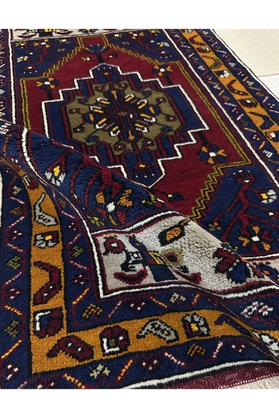 El Dokuma Yahyalı Halısı 73x126 Kırmızı Lacivert Gri %100 Yün Kök Boya Halı ! - 5