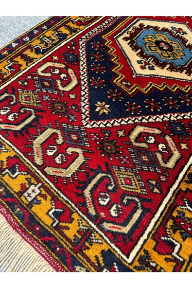 EL DOKUMA YAHYALI HALISI 70X115 KIRMIZI SARI KÖK BOYA %100 YÜN HALI - Resim 3