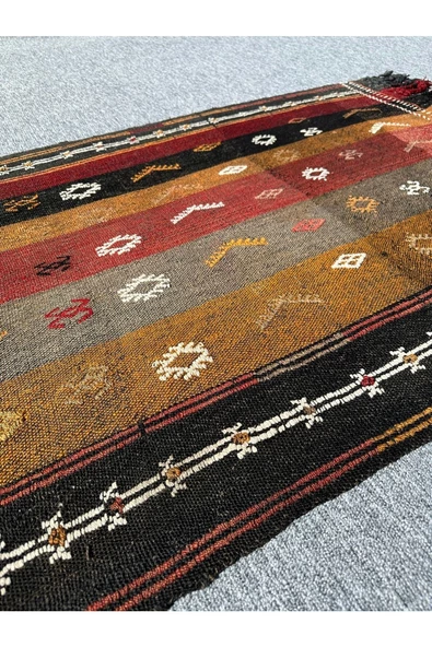 El Dokuması Yüklük Cicim Kilim 92x123 Kök Boya Kiremit Kırmızı %100 Yün Kilim ! - Resim 6