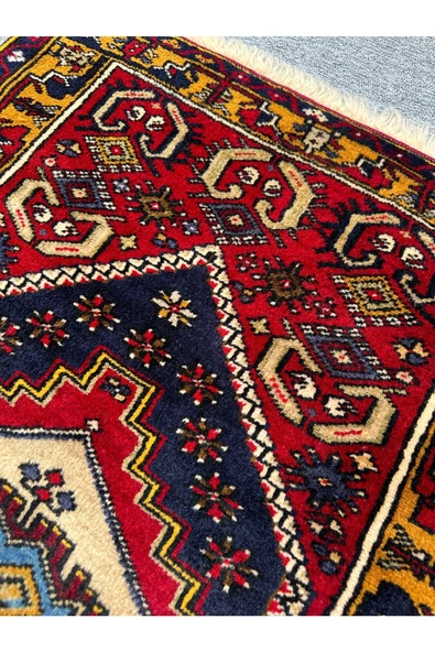 EL DOKUMA YAHYALI HALISI 70X115 KIRMIZI SARI KÖK BOYA %100 YÜN HALI - Resim 5