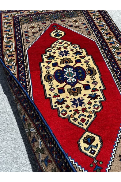 EL DOKUMA OBRUK HALISI 94X160 GRİ KIRMIZI KREM KÖK BOYA YÜN HALI - Resim 7