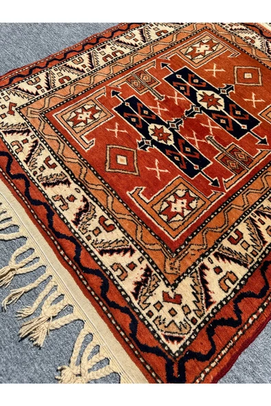 El Dokuma İzmir Bergama Halısı 102x120 Kiremit Kök Boya Halı - Resim 2