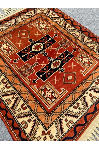 El Dokuma İzmir Bergama Halısı 102x120 Kiremit Kök Boya Halı - Resim 5