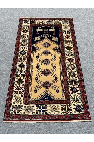 EL DOKUMA TAŞPINAR HALISI ÇEYİZLİK HEDİYELİK BÜYÜK SECCADE 136X236 LACİVERT KREM YÜN NAMAZLIK