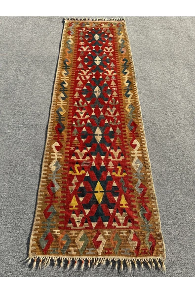 EL DOKUMA KİLİM 87X285 KÖK BOYA %100 YÜN KIRMIZI MAVİ KİLİM YOLLUK ürün görseli