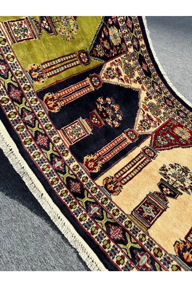 El Dokuma Afgan Halısı Saf Seccade Namazlık 86x152 Yeşil Lacivert Krem %100 Yün ! - 7