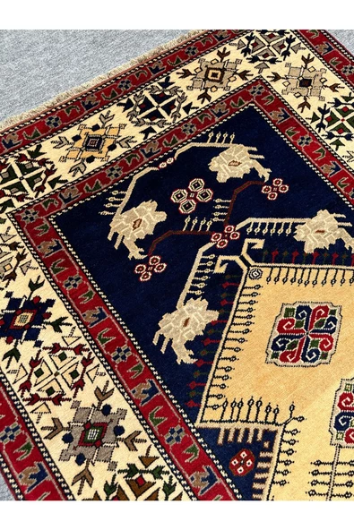 EL DOKUMA TAŞPINAR HALISI ÇEYİZLİK HEDİYELİK BÜYÜK SECCADE 136X236 LACİVERT KREM YÜN NAMAZLIK - 5