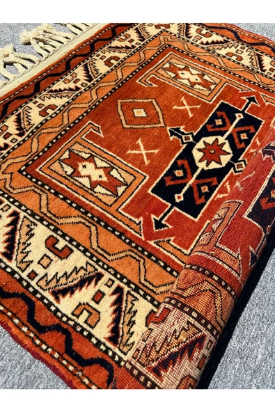 El Dokuma İzmir Bergama Halısı 102x120 Kiremit Kök Boya Halı - Resim 4