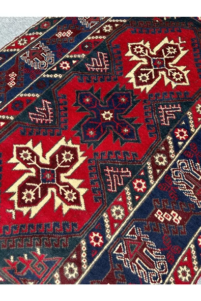 El Dokuma Döşemealtı Halısı 118x190 Kırmızı Lacivert Kök Boya Yün Halı - Resim 4