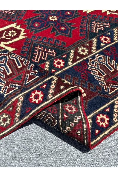 El Dokuma Döşemealtı Halısı 118x190 Kırmızı Lacivert Kök Boya Yün Halı - Resim 6