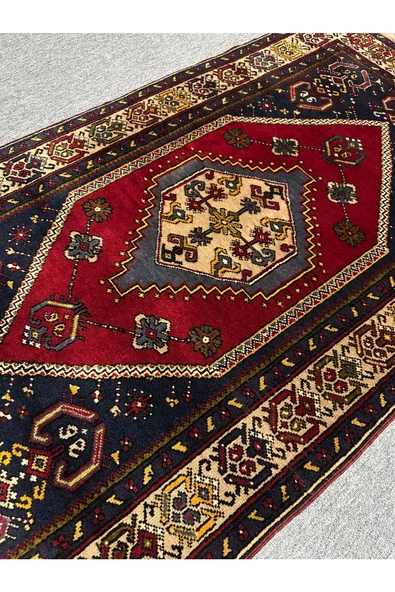 EL DOKUMA YAHYALI TÜRK HALISI 110X200 LACİVERT KIRMIZI %100 YÜN HALI ! - Resim 3