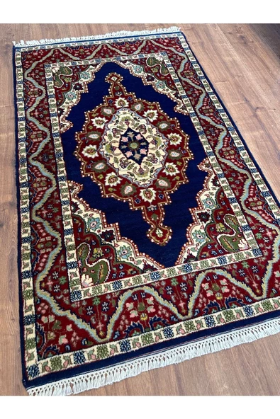 El Dokuma Iran Halısı Seccade 83x140 Lacivert Göbekli %100 Yün Halı ! - 2