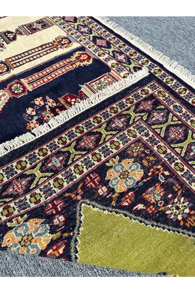 El Dokuma Afgan Halısı Saf Seccade Namazlık 86x152 Yeşil Lacivert Krem %100 Yün ! - 6