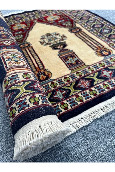 El Dokuma Afgan Halısı Saf Seccade Namazlık 86x152 Yeşil Lacivert Krem %100 Yün ! - 8