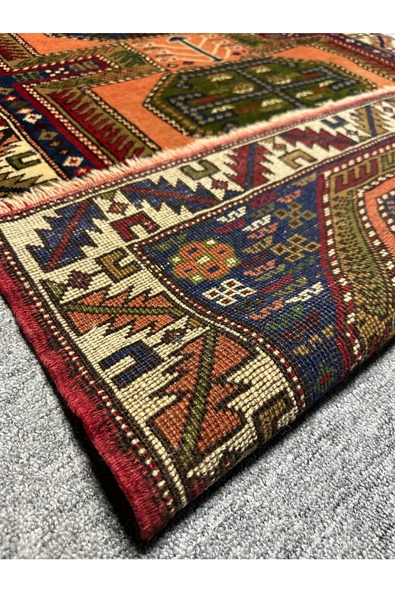 El Dokuma Taşpınar Halısı 102X150 Kiremit Lacivert Yeşil %100 Yün Kök Boya Halı - 5