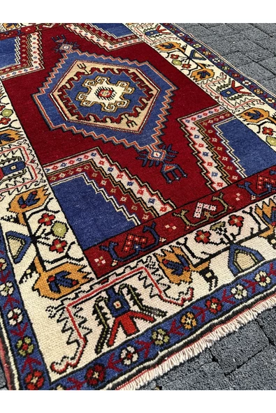 EL DOKUMA İNCE YAHYALI HALISI 87X140 KIRMIZI LACİVERT %100 YÜN HALI ! - 4