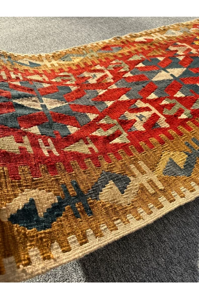 EL DOKUMA KİLİM 87X285 KÖK BOYA %100 YÜN KIRMIZI MAVİ KİLİM YOLLUK - Resim 7