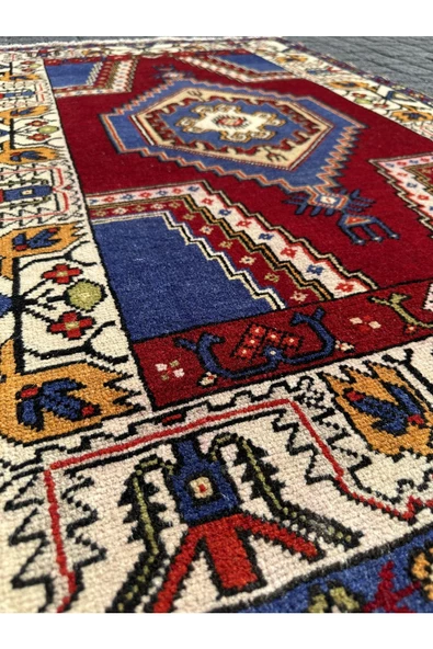 EL DOKUMA İNCE YAHYALI HALISI 87X140 KIRMIZI LACİVERT %100 YÜN HALI ! - 5