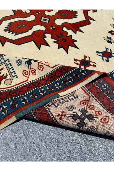 EL DOKUMA ESKİTME ANTİK YÖRÜN ÇANAKKALE HALISI 200X250 MAVİ KIRMIZI KÖK BOYA VİNTAGE HALI - Resim 7