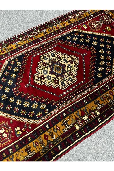 El Dokuma Türk Halısı Yahyalı 103x180 Kırmızı Lacivert Kök Boy %100 Yün Halı ! - 8