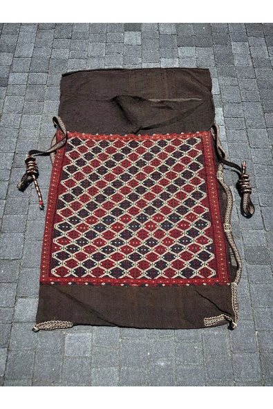 El Dokuma Yağcıbedir Halısı Antika Çuval 75x120 Kırmızı Lacivert Kök Boya