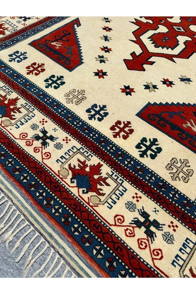 EL DOKUMA ESKİTME ANTİK YÖRÜN ÇANAKKALE HALISI 200X250 MAVİ KIRMIZI KÖK BOYA VİNTAGE HALI - Resim 3